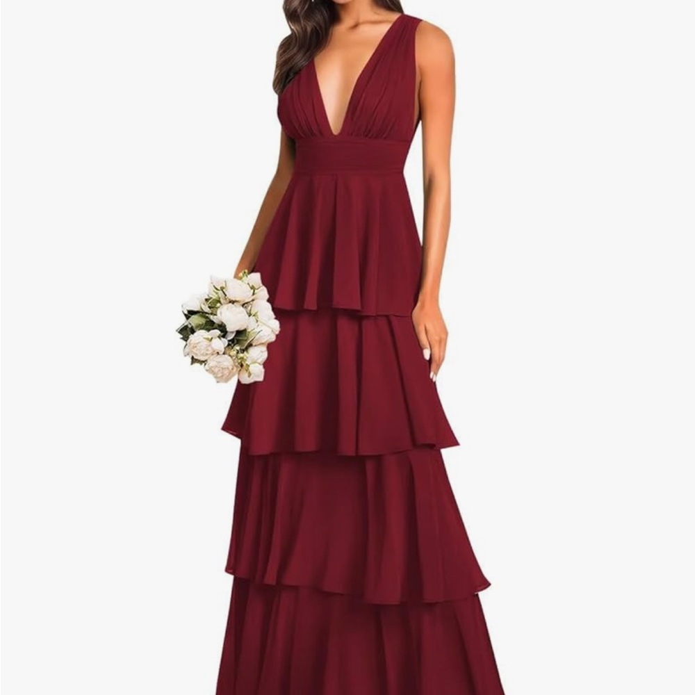 Red Plunge Neck Ruffled Maxi Dress